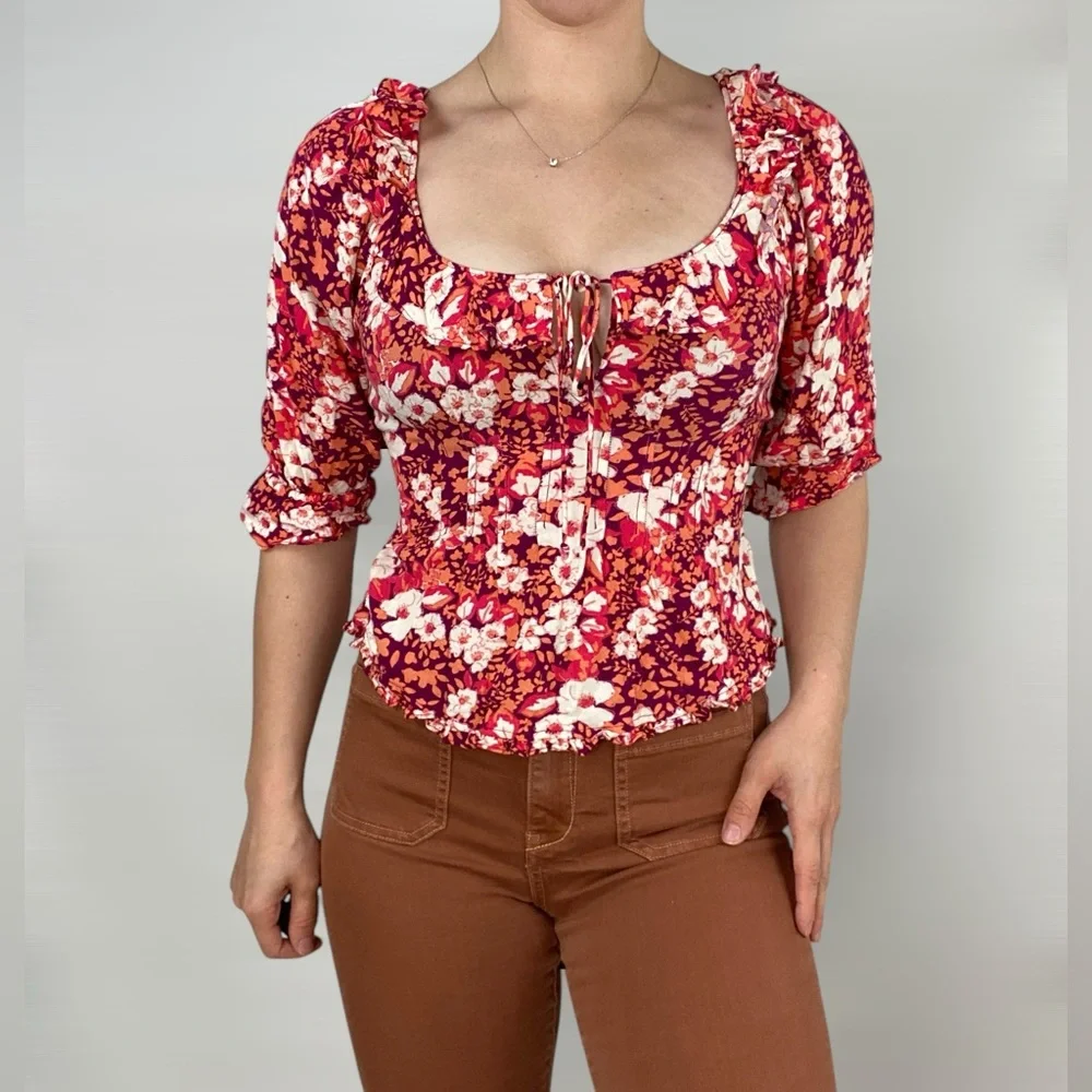 FREE PEOPLE Sweet Memories Floral Ruffle Blouse Half Sleeve Pink Multi Color